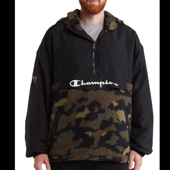 CHAMPION SMALL COZY HIGH PILE FLEECE ANORAK JACKET BLACK/ MESH CAMO CARGO OLIVE - Picture 1 of 5